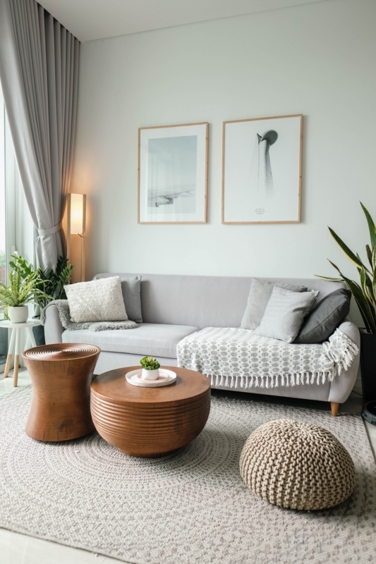 Sofa with Ribbed Wood Coffee Table, Chunky Knit Pouf & Track Arms