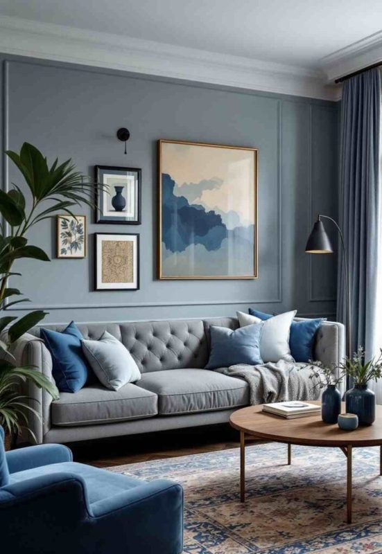 Sofa with Tufted Back and Transitional Living Room Wall Molding