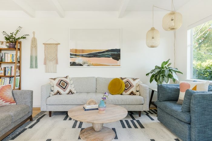 Sofa with Woven Pendant Lights, Macrame Decor & Geometric Rug