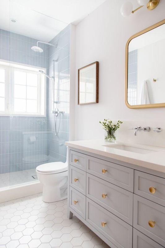 Soft Grey Bathroom Vanity with Hexagonal Tile Floor