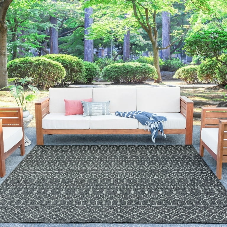 Solid Black Area Rug Square Woven Texture Outdoor Patio Floor Covering
