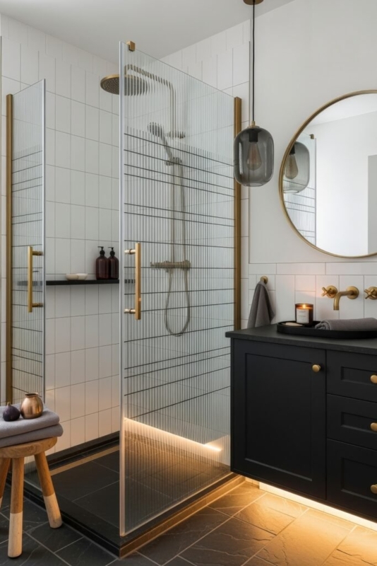 Sophisticated Bathroom with Fluted Glass Shower Screen and Integrated LED
