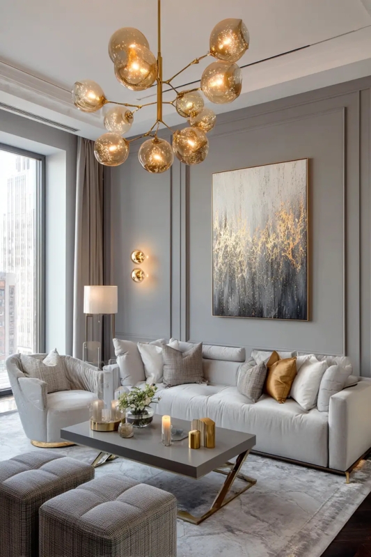 Sophisticated Gray Living Room with Gold Accents and Globe Chandelier