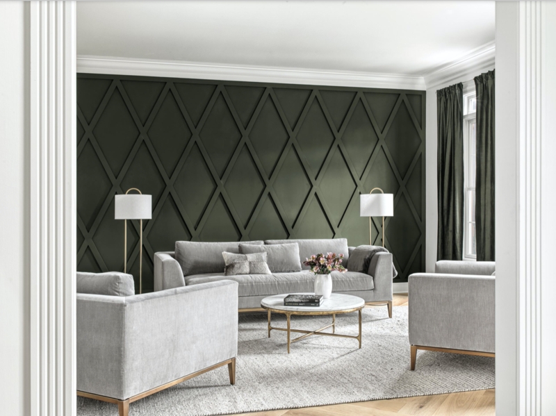 Sophisticated Living Room with Green Diamond Pattern Accent Wall