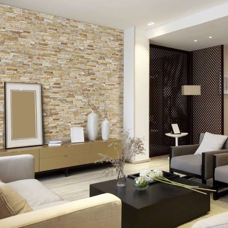 Sophisticated Living Room with Stacked Stone Wall and Lattice Partition