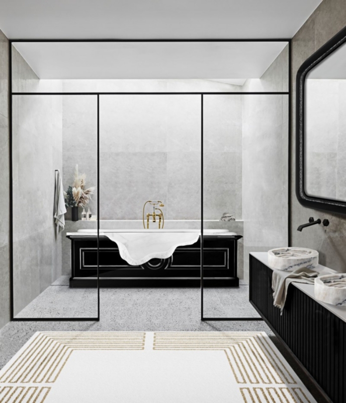 Sophisticated Luxury Bathroom with Black Clawfoot Tub & Ribbed Cabinetry