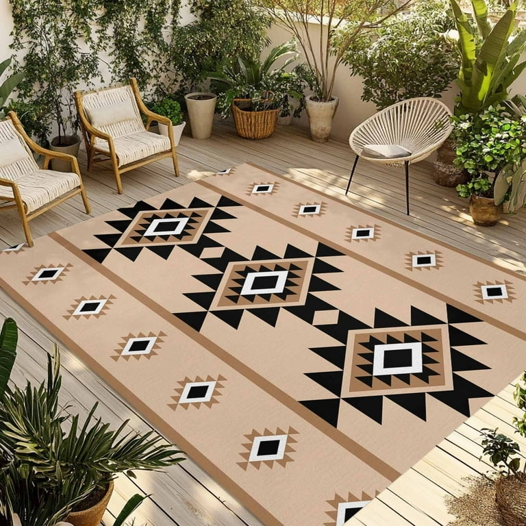 Southwest Area Rug Tan and Black Geometric Boho Patio