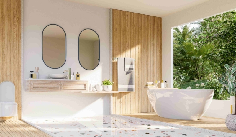Spa Bathroom Design with Wood Slat Walls and Terrazzo Floor Inlay