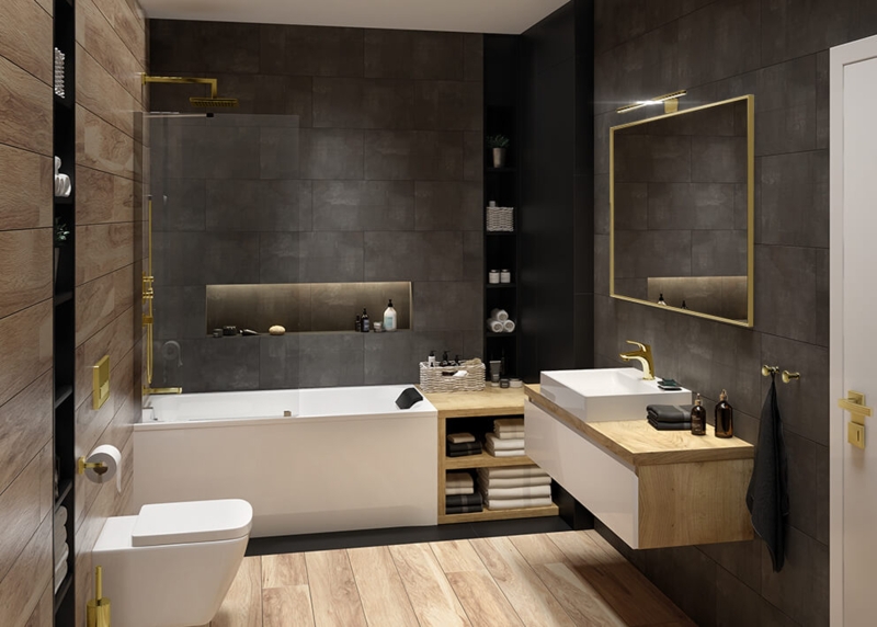 Spa-Like Bathroom featuring Wood Look Wall Planking and Recessed Niche