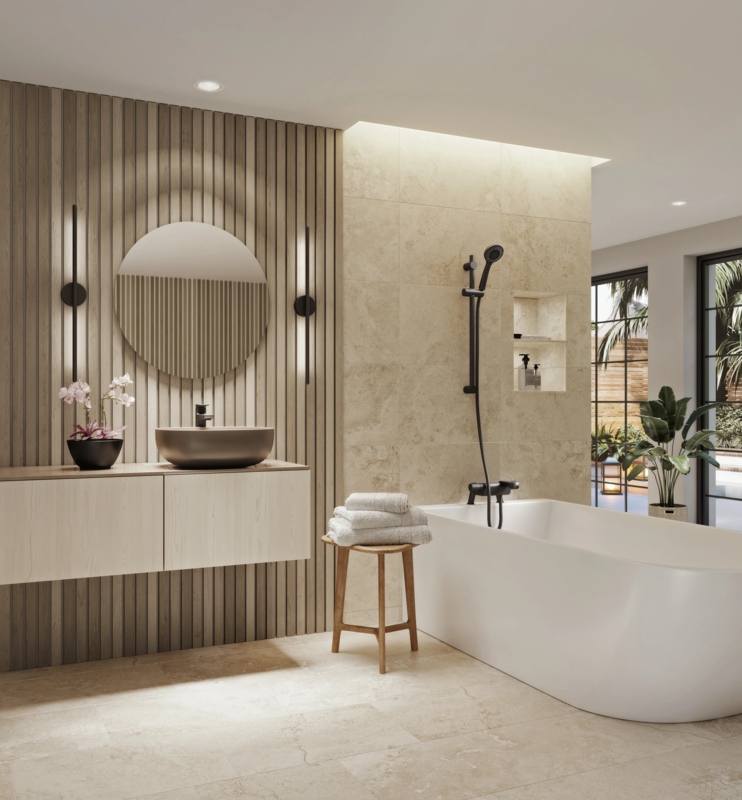 Spa Like Bathroom with Wood Paneling and Floating Vanity