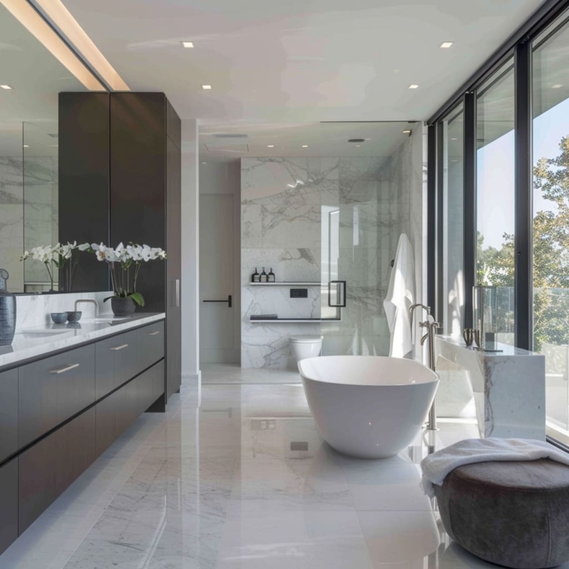 Spa-Like Master Bath Retreat with Panoramic Window View and Tub
