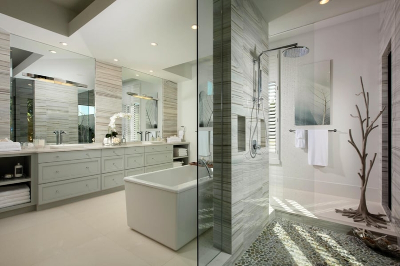 Spa-Like Master Bathroom Design with Walk-In Shower Pebble Floor