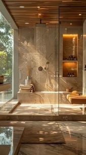 Spa-Like Walk-In Shower Design with Wood Slat Ceiling
