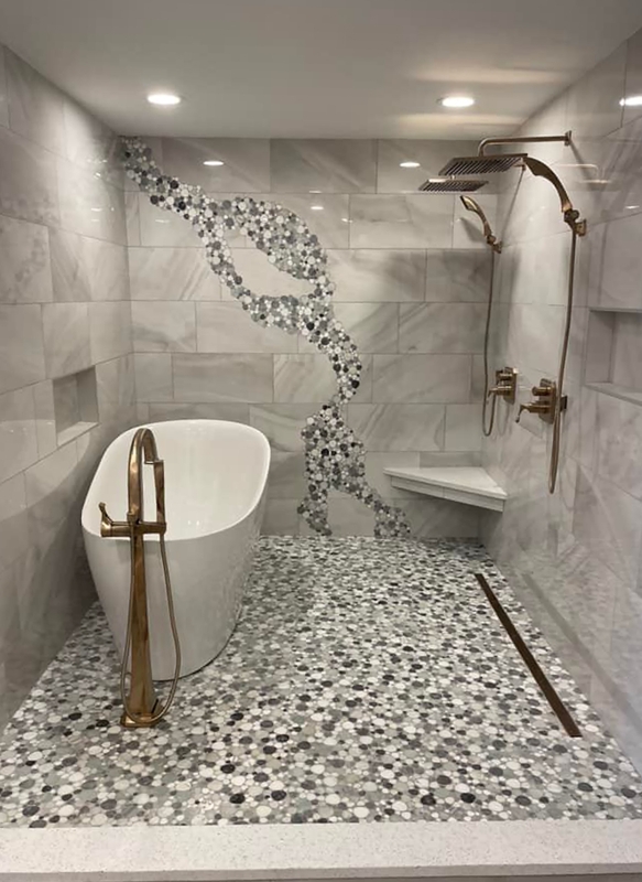 Spa Wet Room Design featuring a unique Pebble Mosaic Tile River Wall