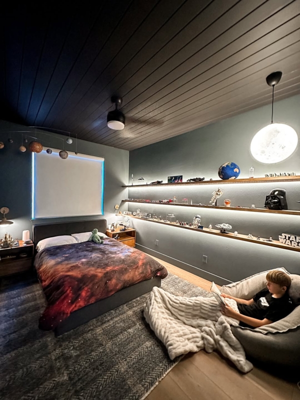 Space Themed Bedroom with Galaxy Print Bedding and Moon Pendant