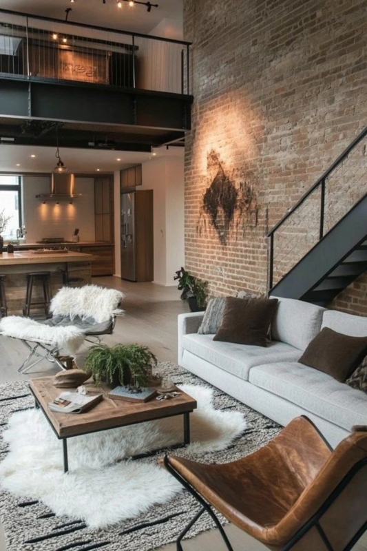 Spacious Industrial Loft Living Room with Mezzanine and Layered Rugs