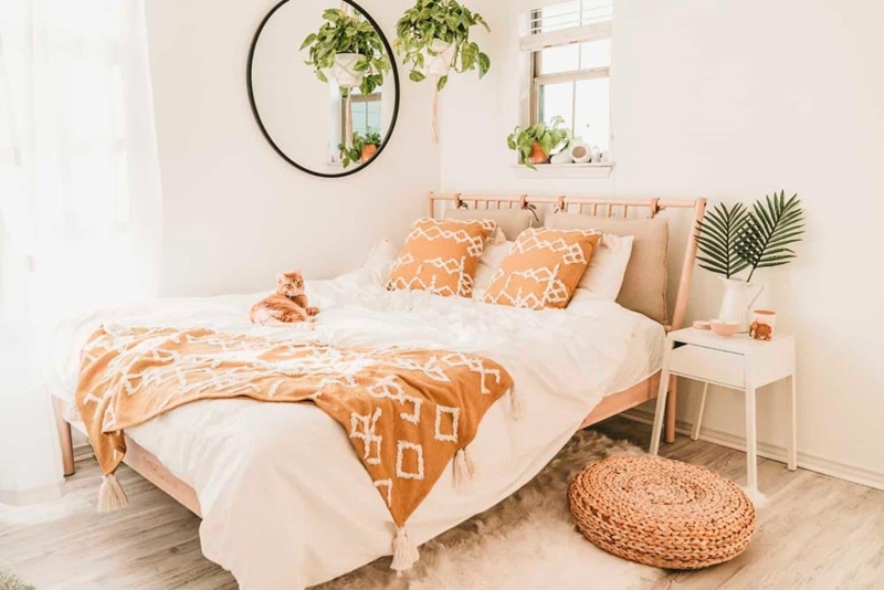 Spindle Bed Frame, Geometric Bedding, Earthy Boho Style.