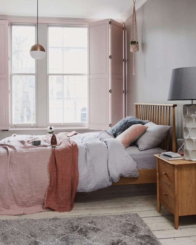 Spindle Bed Frame in Scandinavian Bedroom with Pink Shutters