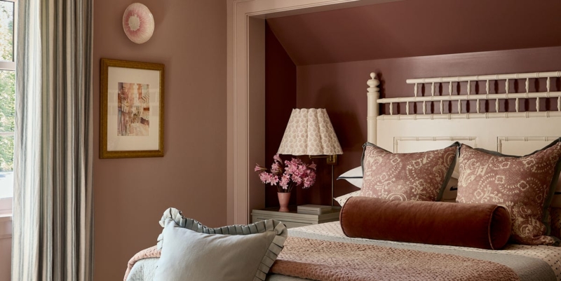 Spindle Headboard in Monochromatic Pink Bedroom Alcove