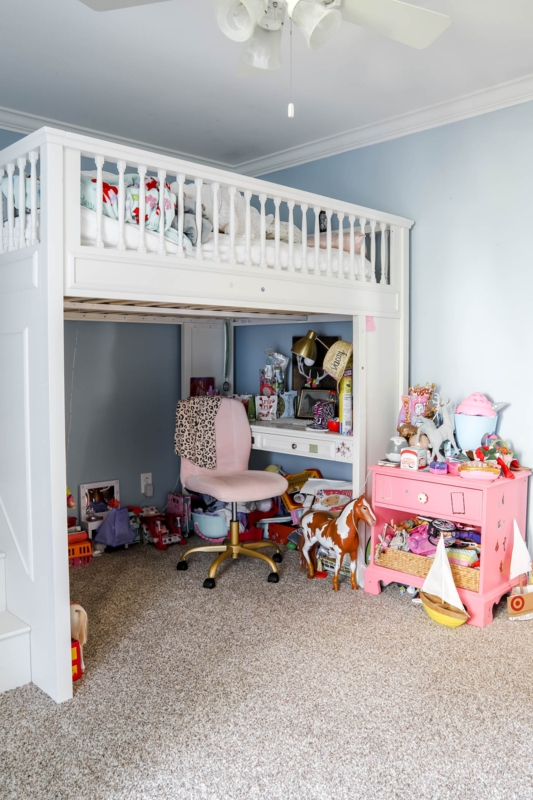 Spindle Loft Bed with an Under Bed Desk in a Coastal Style Room