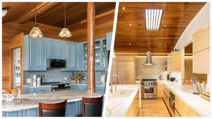 Split-Screen Kitchen Comparison with Wood Paneled Ceiling