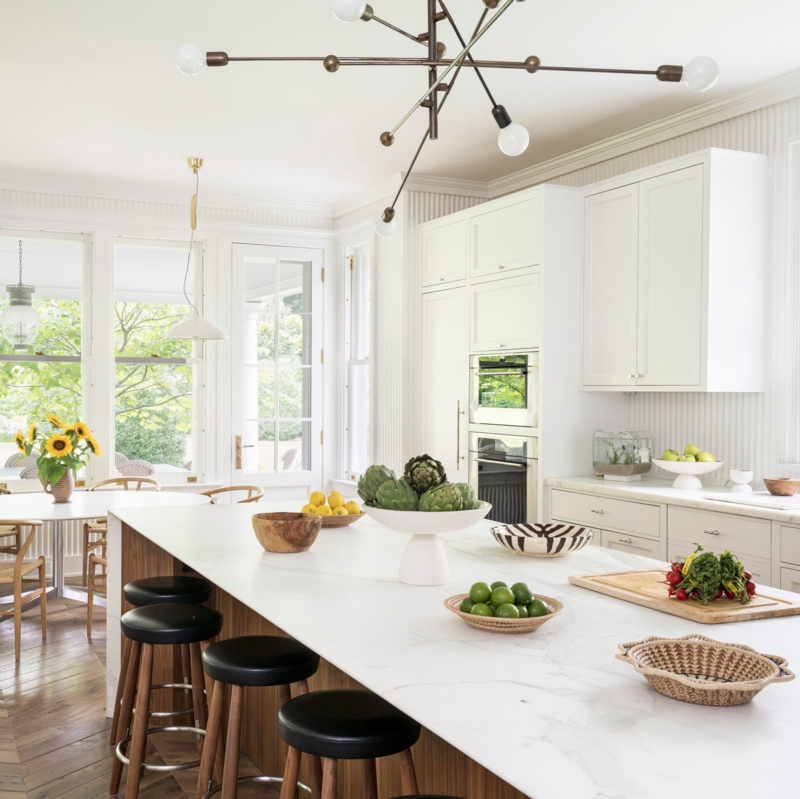 Spoke Chandelier over Marble Topped Kitchen Island