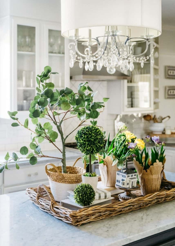 Spring Kitchen Island Centerpiece with Woven Tray and Greenery