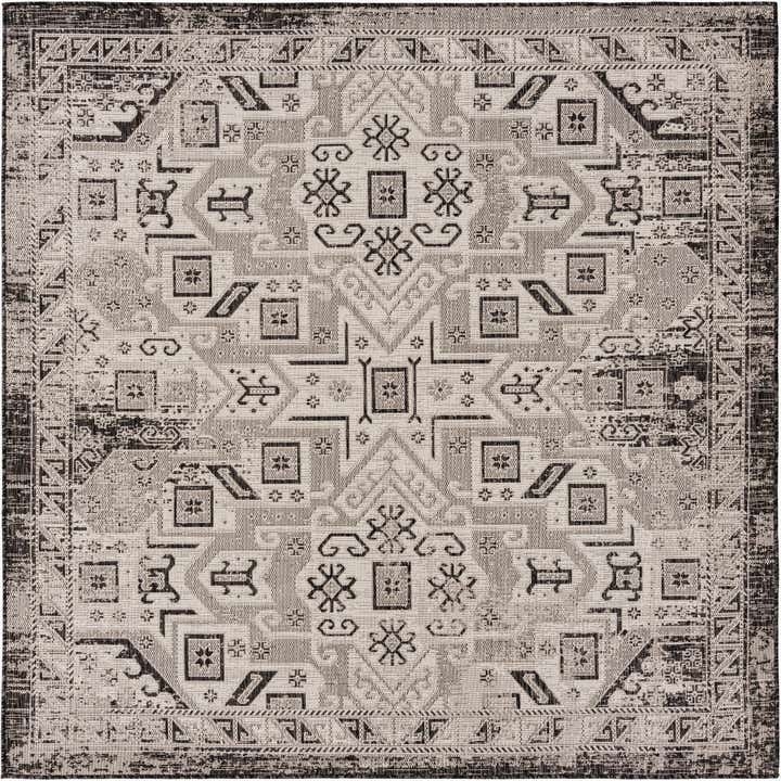 Square Area Rug, Charcoal Gray Aztec Diamond Pattern, Low Profile.