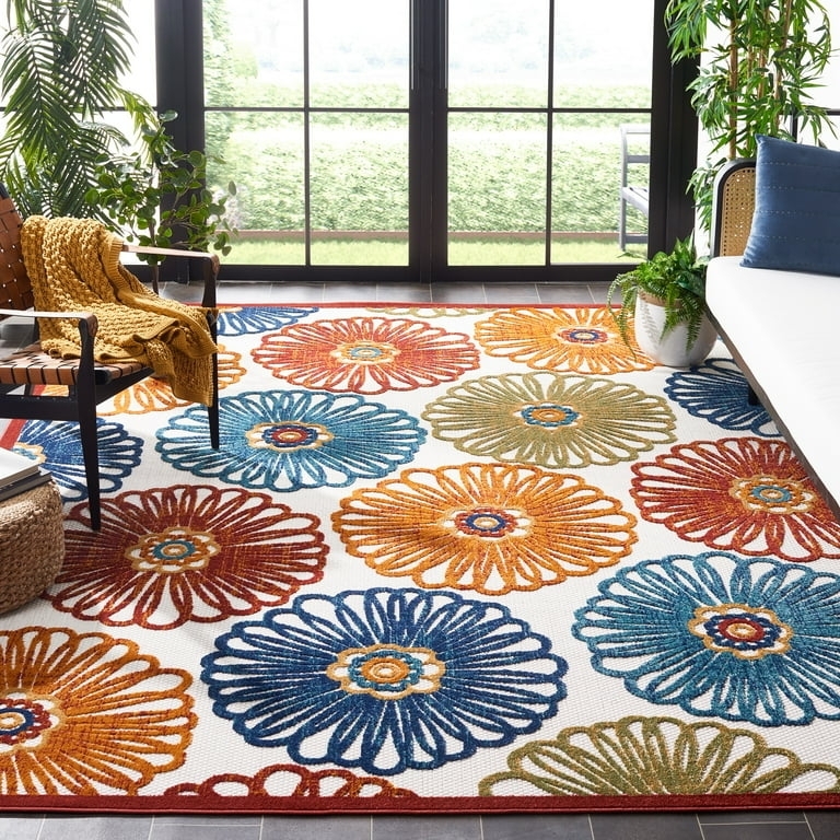 Square Area Rug Cream Red Stylized Floral Motifs Vibrant