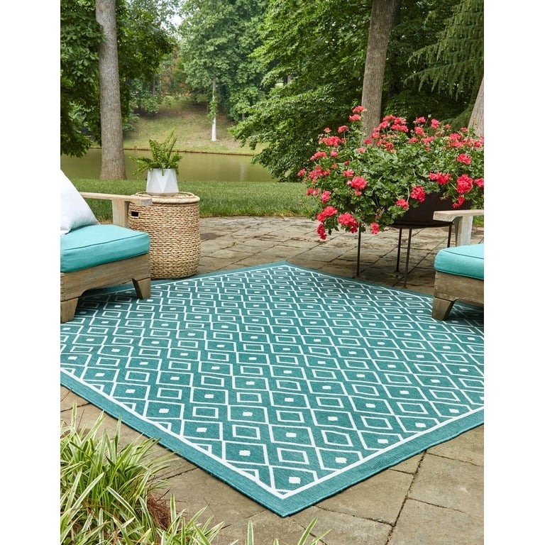 Square Area Rug, Geometric Lattice Pattern, Teal and White, Low Profile