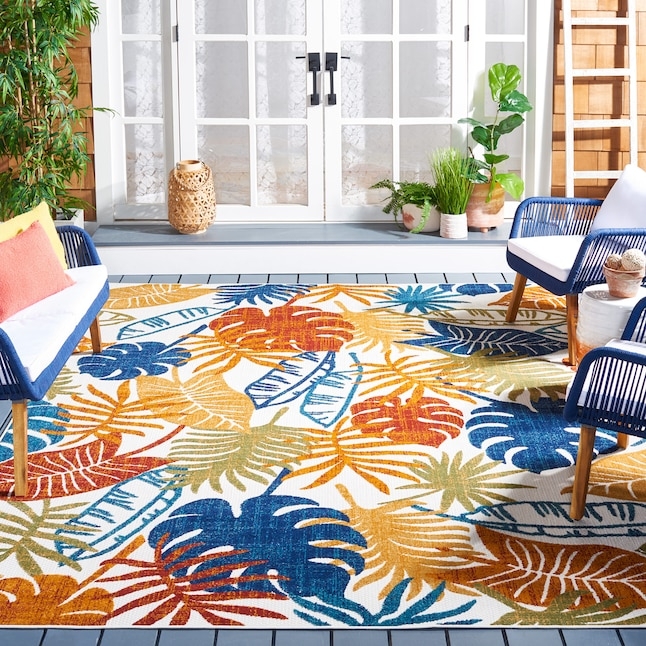 Square Area Rug Hibiscus Floral Motif Ivory Red Patio Decor
