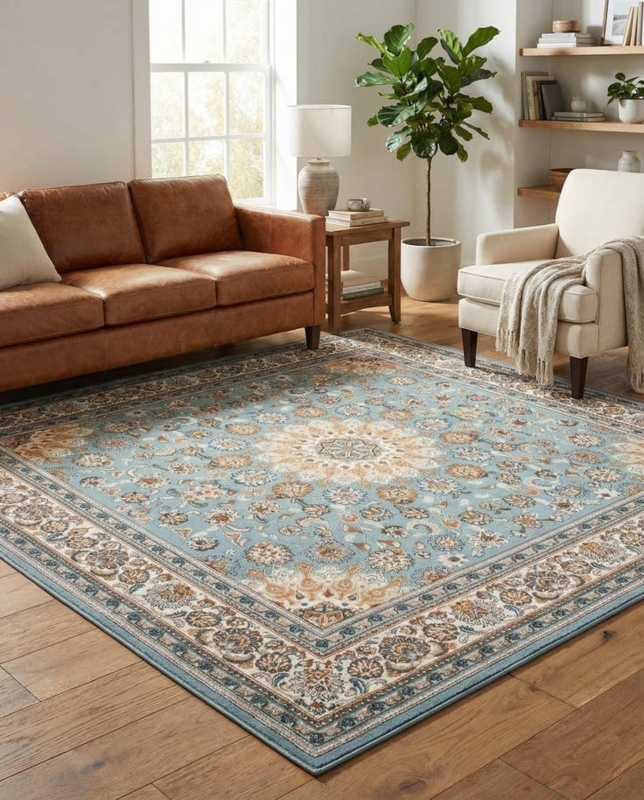Square Area Rug, Intricate Navy Blue Medallion, Oriental Cream.