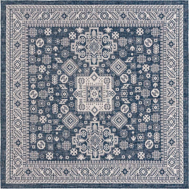 Square Area Rug, Navy Blue Aztec Border, Cream Tribal Pattern.