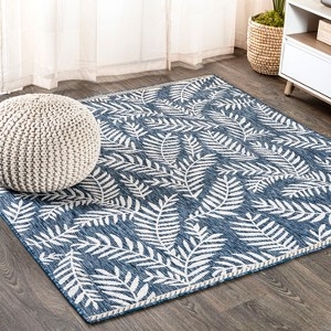 Square Area Rug Navy Palm Frond Pattern Coastal Low Pile