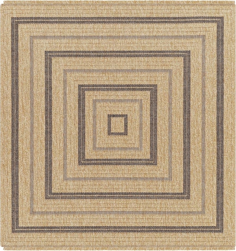 Square Area Rug, Neutral Distressed Medallion, Tan Charcoal, Outdoor Safe.
