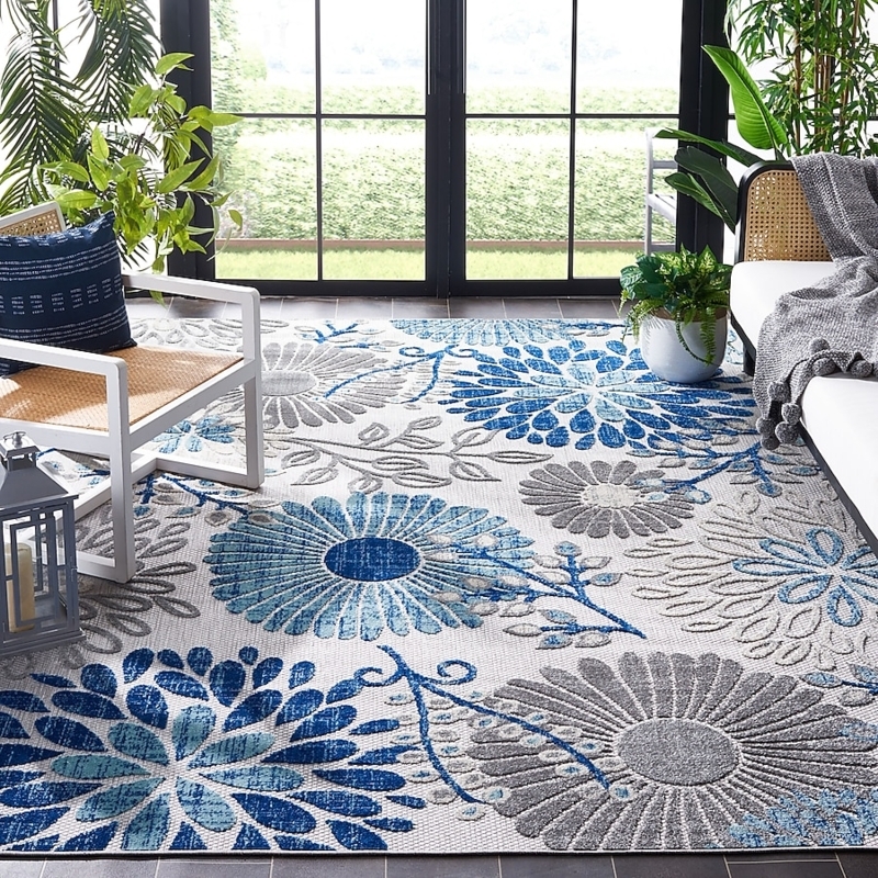 Square Area Rug, Oversized Botanical Print, Blue Gray Tropical.