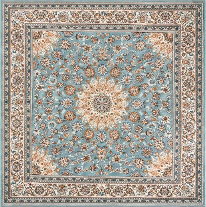 Square Area Rug, Traditional Floral Medallion, Cream Border, Dark.