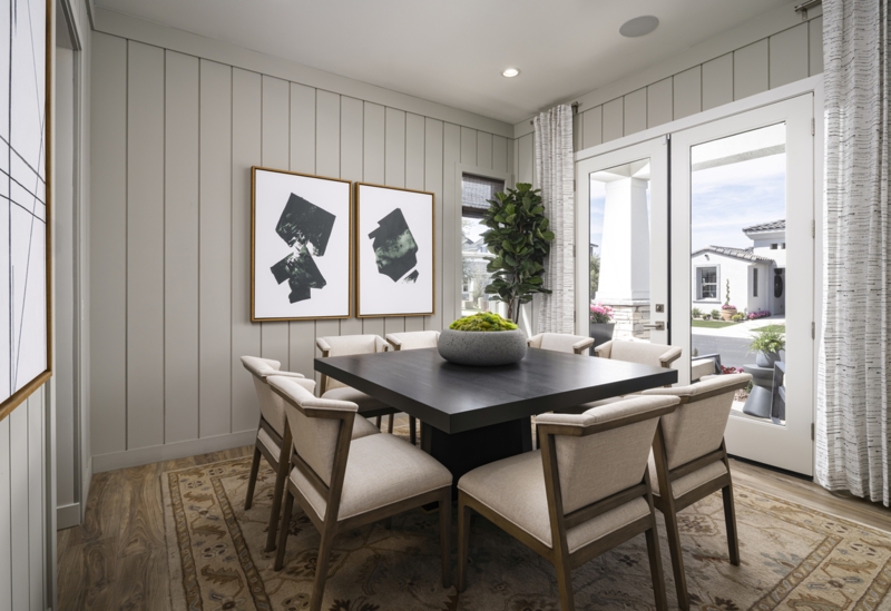 Square Dining Table with Vertical Shiplap and Abstract Diptych