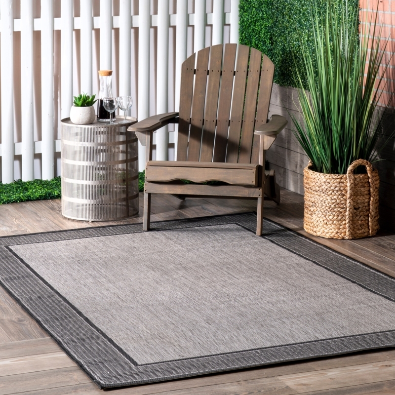Square Grey Outdoor Area Rug Charcoal Border Flat Weave Modern