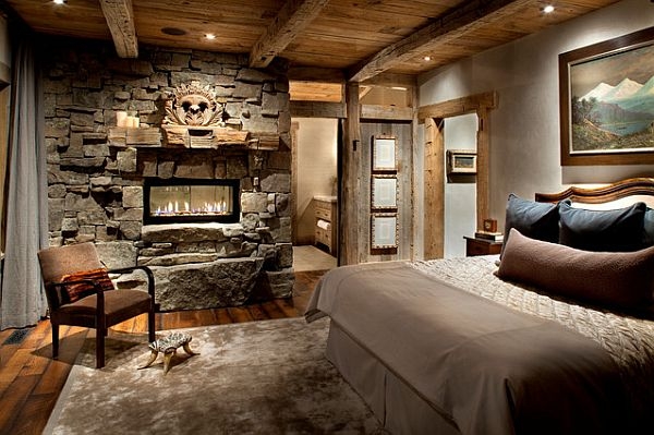 Stacked Stone Fireplace Bedroom Feature With Vaulted Ceiling Style