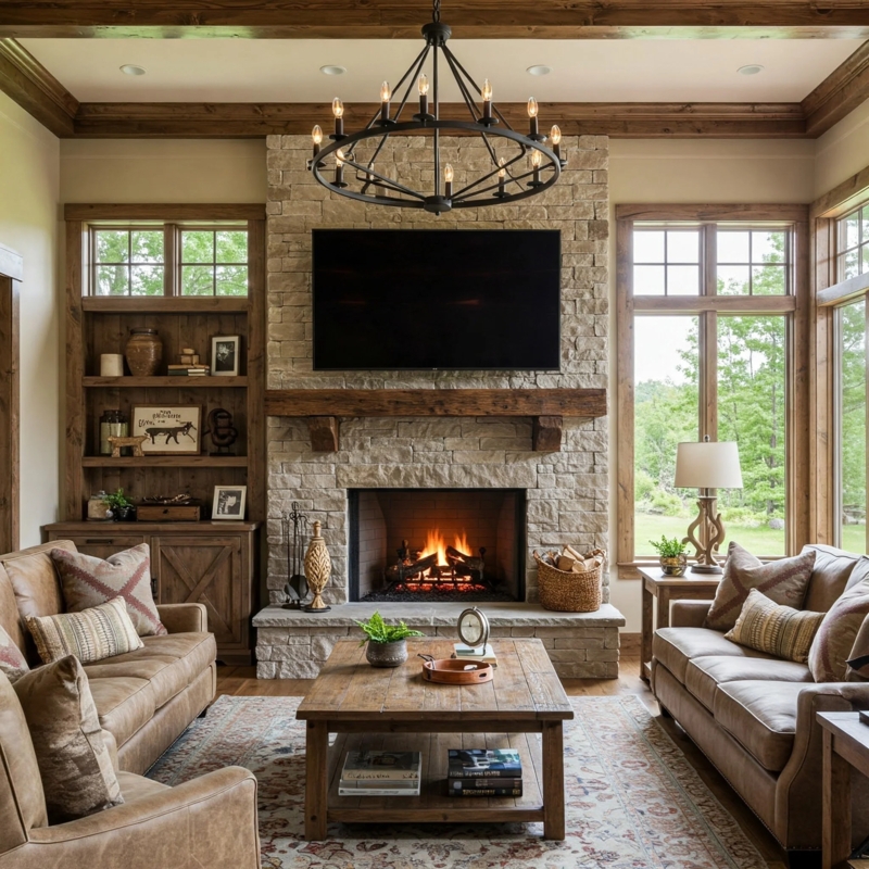 Stacked Stone Fireplace With Wagon Wheel Chandelier