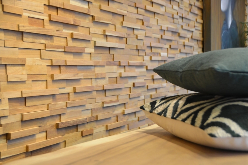 Staggered Wood Block 3D Paneling, Teak Finish