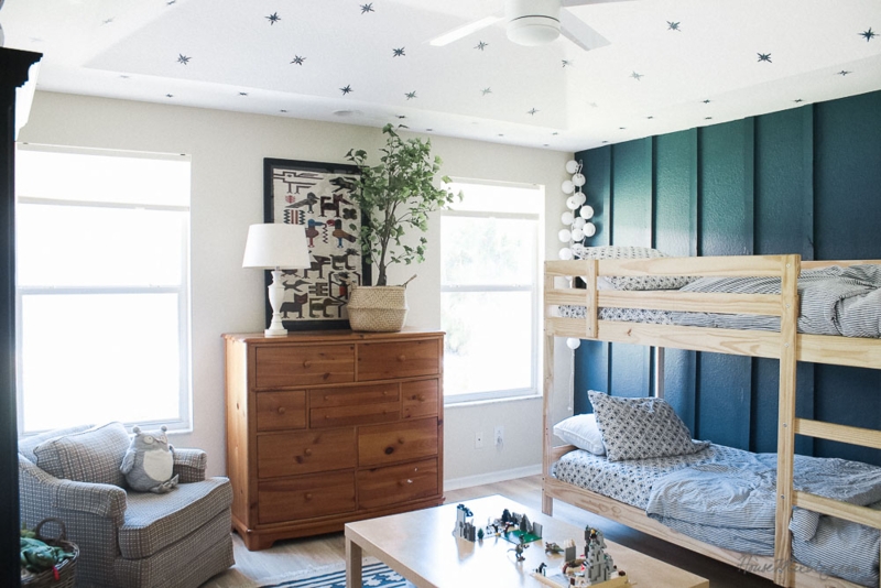 Star Stamped Ceiling Kids Room with Teal Board and Batten Wall