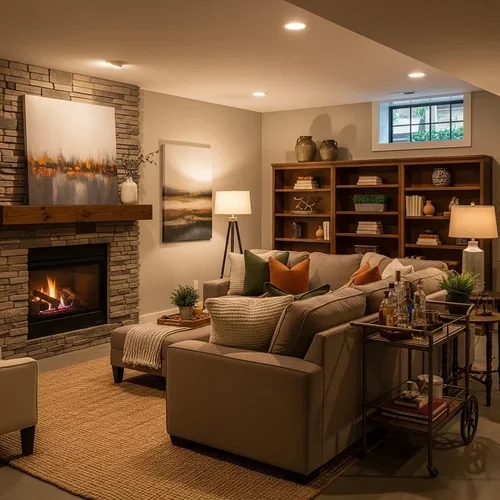 Stone Fireplace Basement Design with Wall-to-Wall Wood Bookshelves