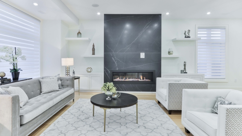 Stone Fireplace Wall: Contemporary Built-In Shelving & Linear Firebox
