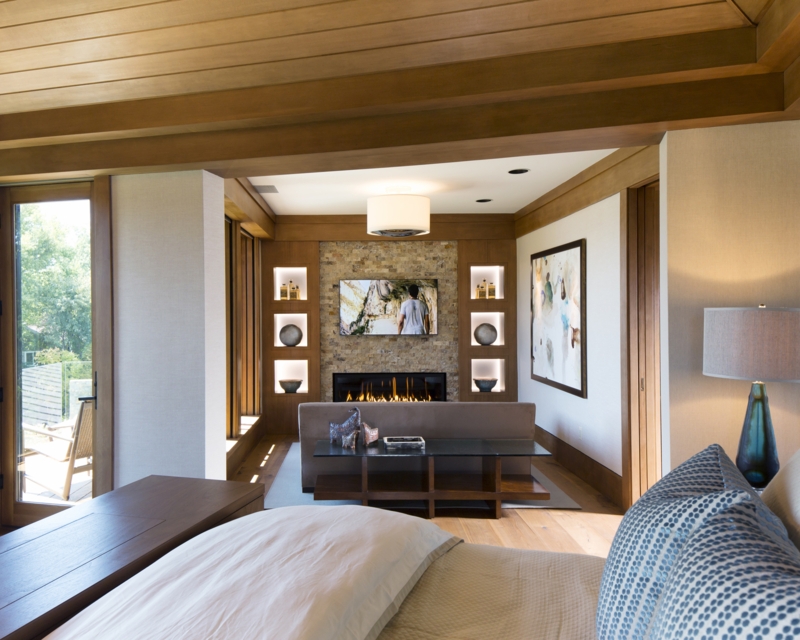 Stone Fireplace Wall with Integrated TV Unit and Wood Ceiling Layout