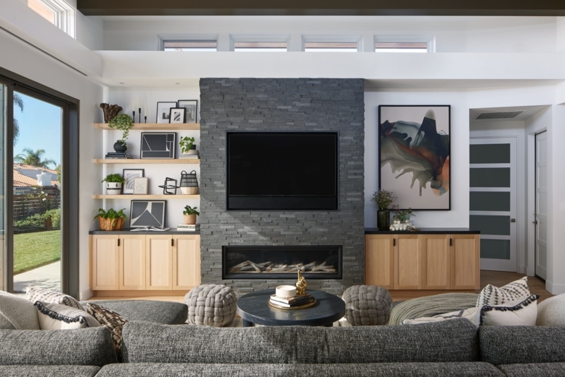 Stone Focal Wall Living Room & Flush Mount Integrated TV