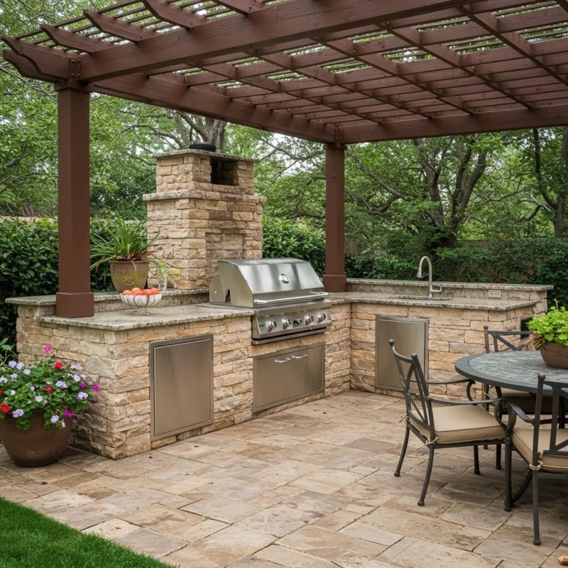 Stone Veneer Outdoor Kitchen Island with Dark Wood Pergola