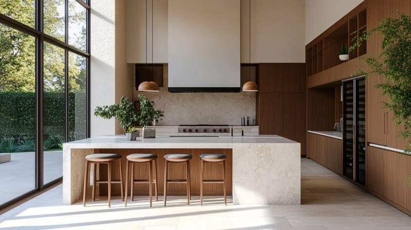 Stone Waterfall Kitchen Island near Floor-to-Ceiling Windows