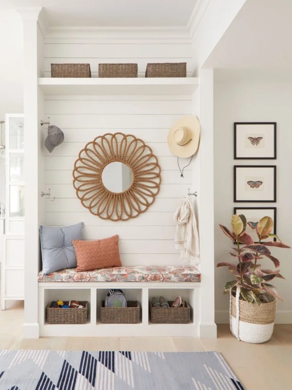 Storage Bench with Cubby Storage and Shiplap Backing
